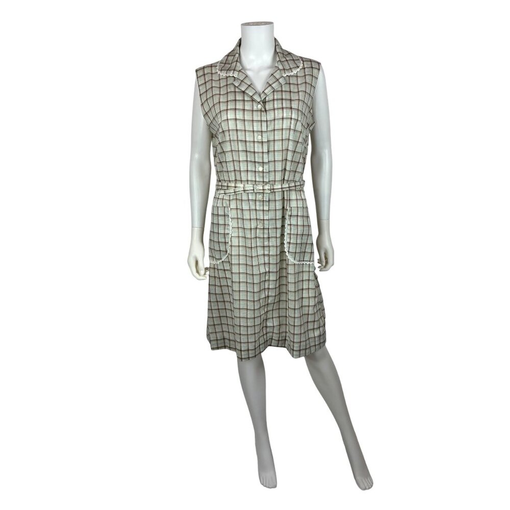 Vintage 70s Plaid Dress Womens Large Casual Button Down Belted House Shift